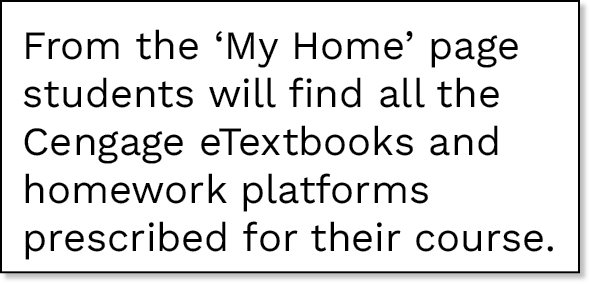 From the  My Home  page students will find all the Cengage eTextbooks and homework platforms prescribed for their cou   