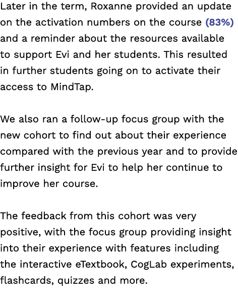 Later in the term, Roxanne provided an update on the activation numbers on the course (83%) and a reminder about the ...